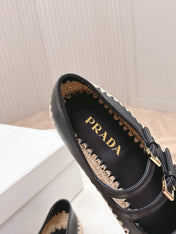 PRADA 26S MARY JANE ESPADRILLES SHOES IN BLACK CALFSKIN WITH LOGO
