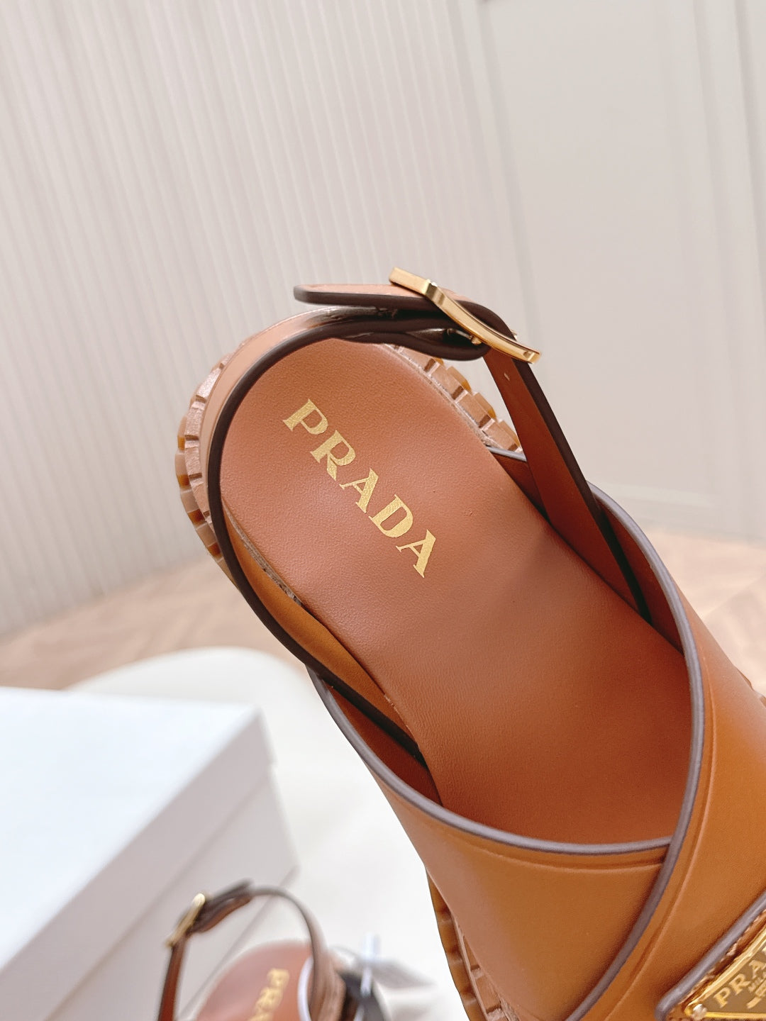 PRADA 25S SANDALS IN LIGHT TAN CALFSKIN LOGO GOLD HARDWARE
