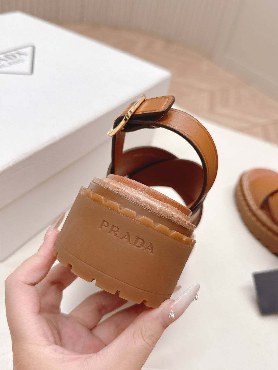 PRADA 25S SANDALS IN LIGHT TAN CALFSKIN LOGO GOLD HARDWARE