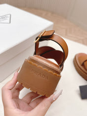 PRADA 25S SANDALS IN LIGHT TAN CALFSKIN LOGO GOLD HARDWARE