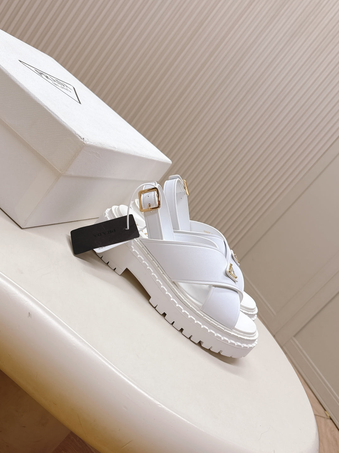 PRADA 25S SANDALS IN WHITE CALFSKIN LOGO GOLD HARDWARE
