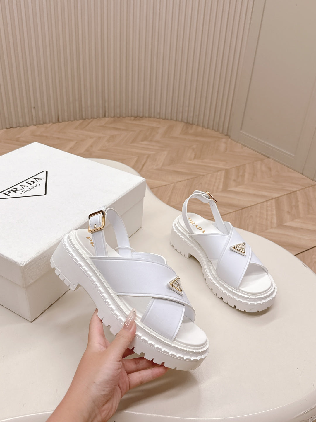 PRADA 25S SANDALS IN WHITE CALFSKIN LOGO GOLD HARDWARE