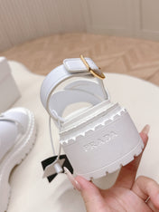 PRADA 25S SANDALS IN WHITE CALFSKIN LOGO GOLD HARDWARE