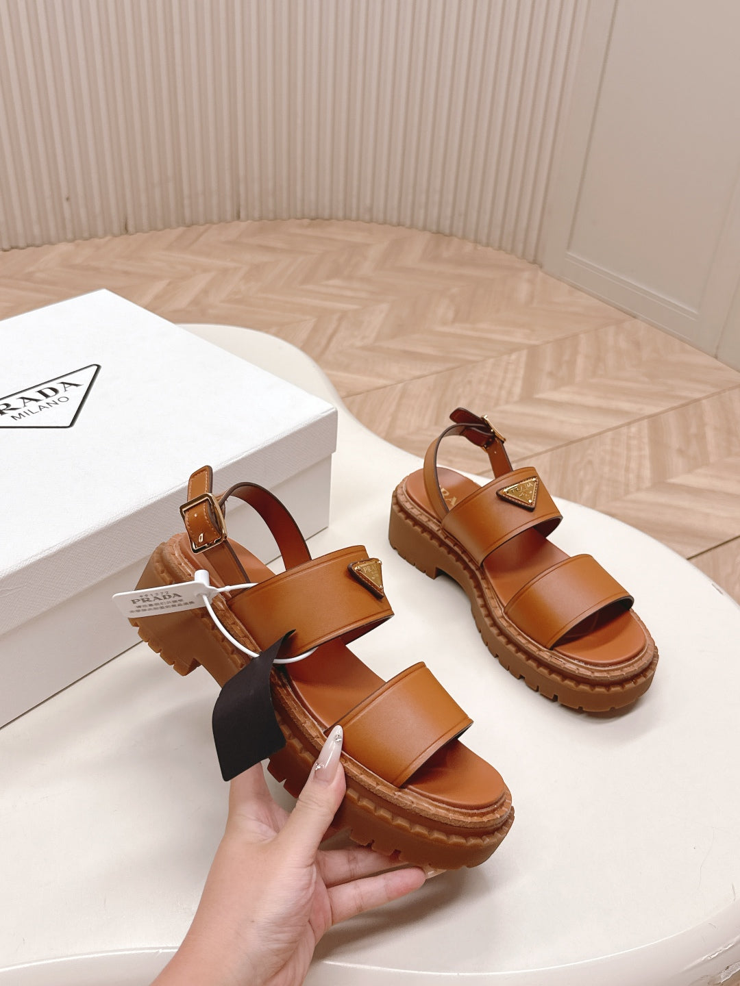 PRADA 25S SANDALS IN LIGHT TAN CALFSKIN LOGO