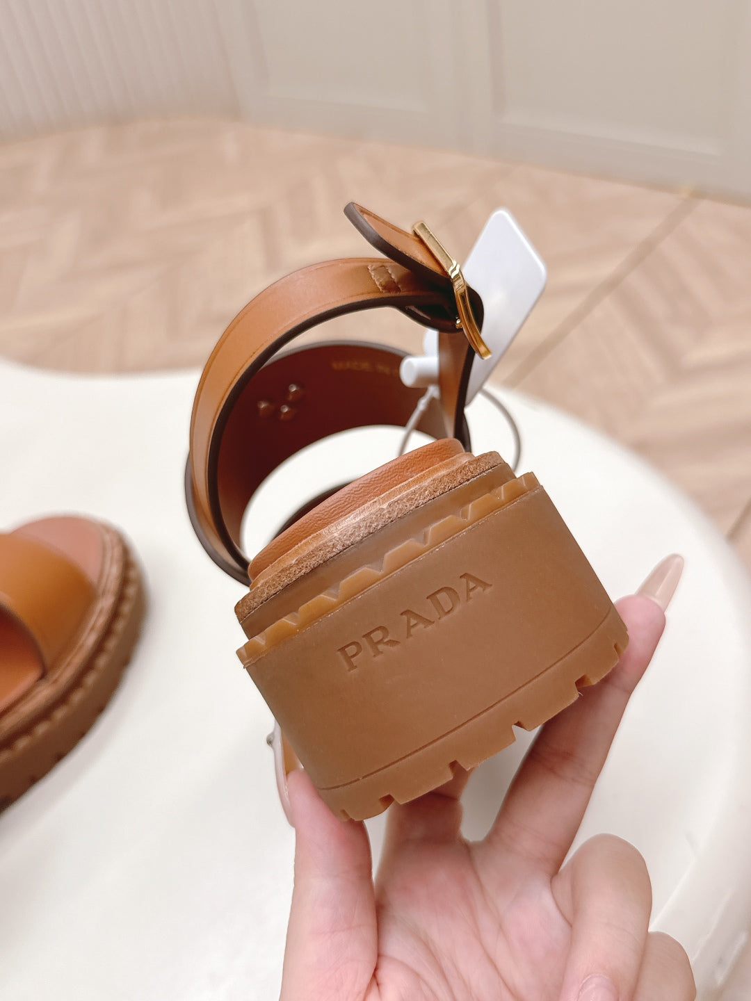 PRADA 25S SANDALS IN LIGHT TAN CALFSKIN LOGO