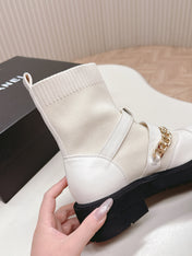 CHANEL ANKLE BOOTS 25S IN CREAM WHITE LAMBSKIN AND FABRIC WITH GOLD HARDWARE
