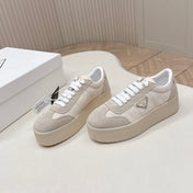PRADA 26S PLATFORM SNEAKERS 50MM IN CREAM WHITE NYLON AND SUEDE