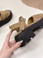 PRADA 26S CROSS STRAP CHUNKY SOLE SANDALS IN BROWN CANVAS