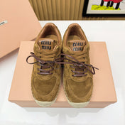 MIUMIU 26S LACE UP ESPADRILLE SNEAKERS IN CARAMEL BROWN SUEDE ROPE SOLE