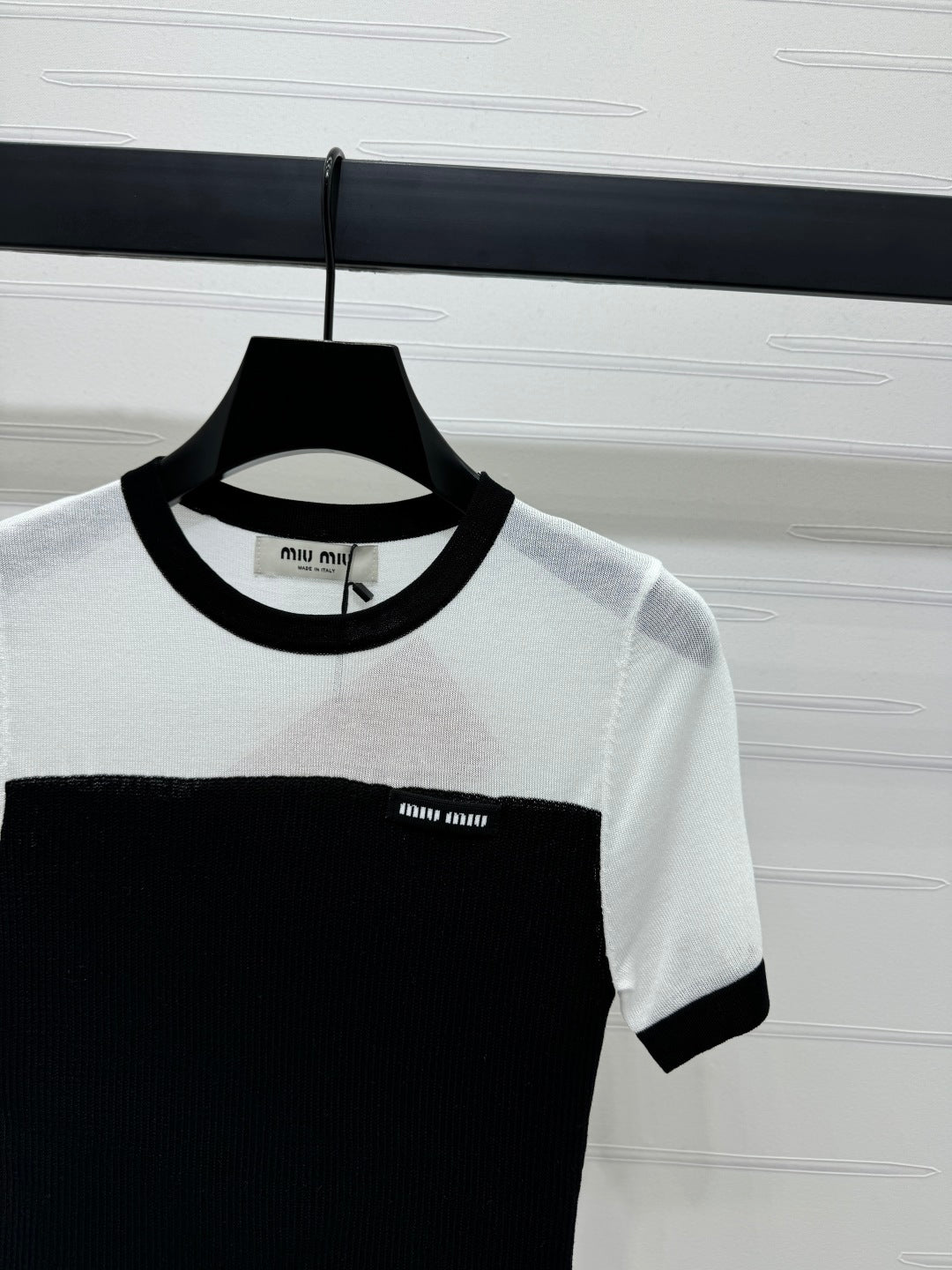MIUMIU CREW NECK SHORT-SLEEVE SHEER KNIT TOP 274813