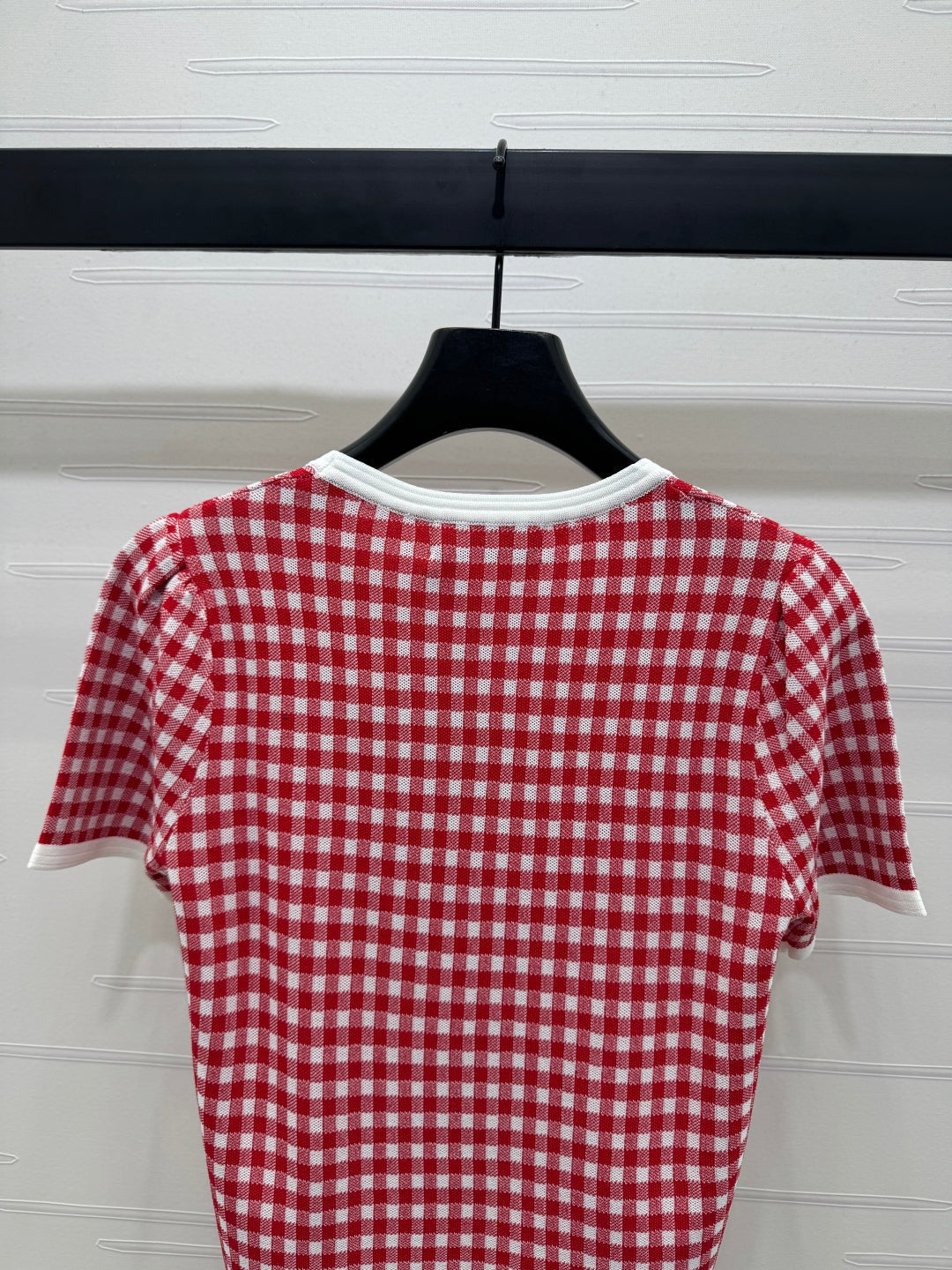 MIUMIU CREW NECK SHORT-SLEEVE PLAID KNIT TOP 274834