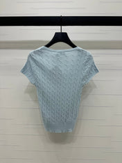 MIUMIU U-NECK KNITTED SHORT-SLEEVE TOP LIGHT BLUE 274948