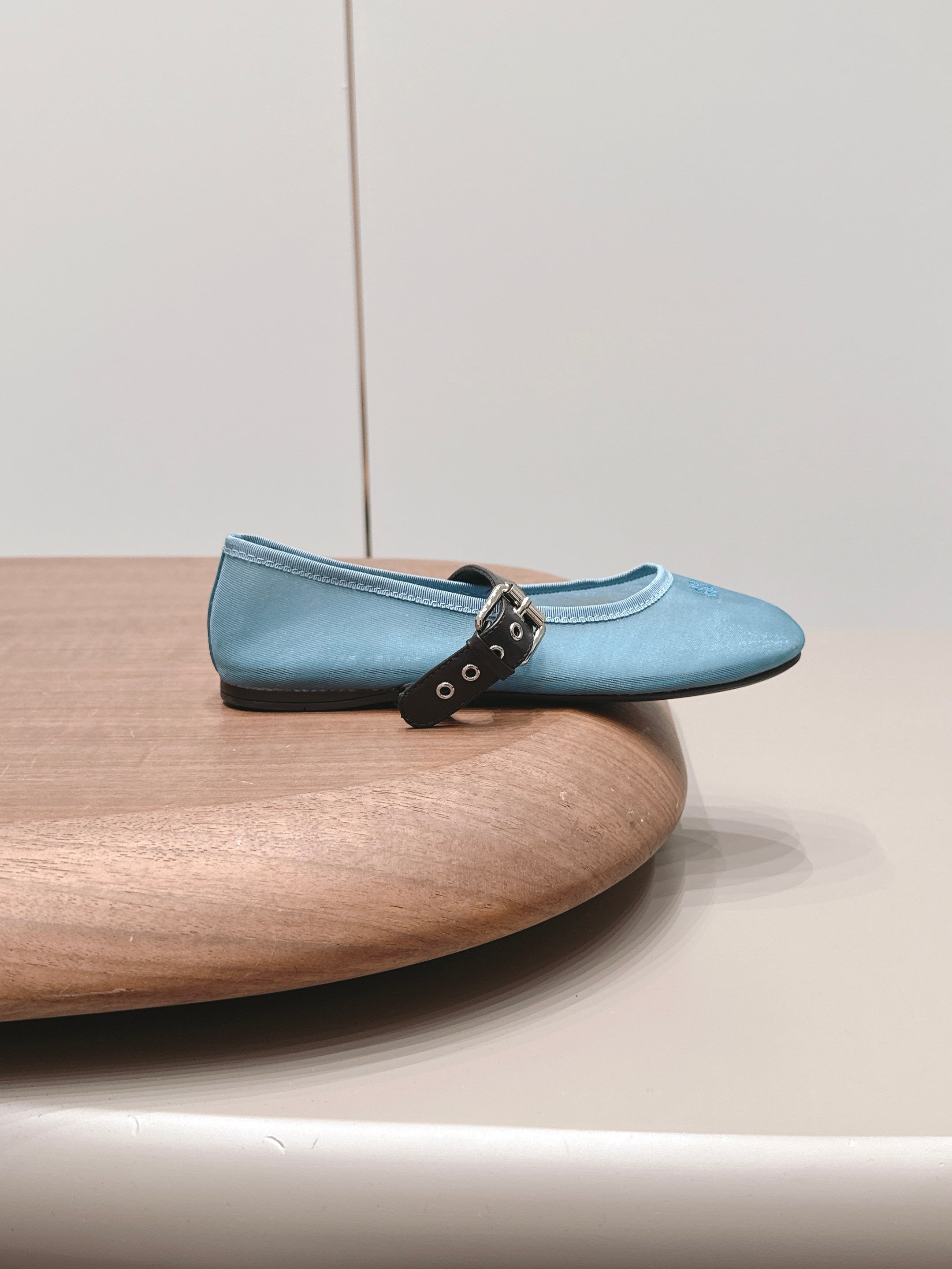 MIUMIU 26S BALLERINAS IN BLUE MESH AND BLACK CALFSKIN