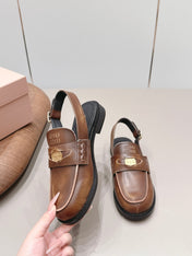 MIUMIU 26S PENNY SLINGBACK LOAFERS IN BROWN CALFSKIN GOLD HARDWARE