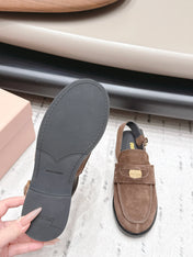 MIUMIU 26S PENNY SLINGBACK LOAFERS IN DARK BROWN SUEDE GOLD HARDWARE