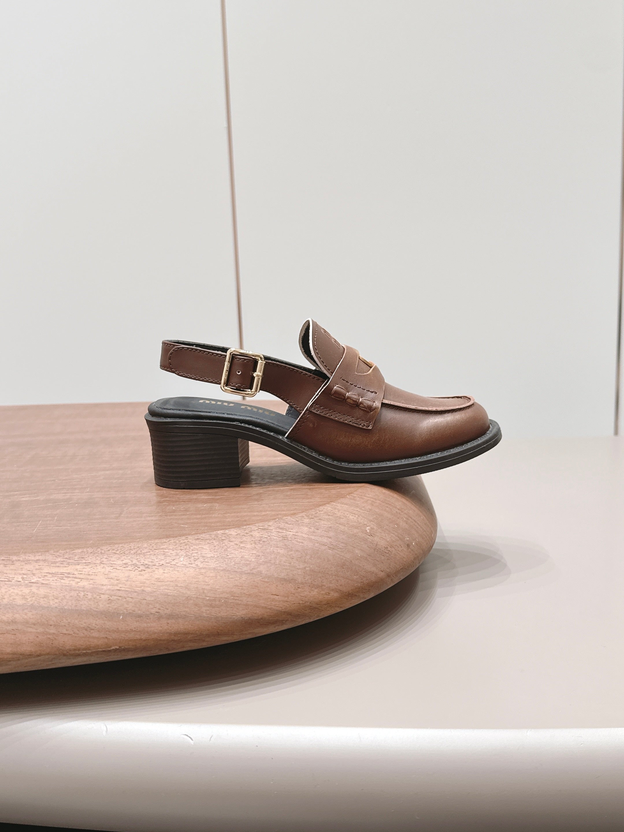 MIUMIU 26S BLOCK HEEL PENNY SLINGBACK LOAFERS 50MM IN BROWN CALFSKIN