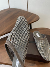 ALAIA 26S FLAT MULES IN DARK GREY SUEDE AND MESH RHINESTONE-EMBELLISHED