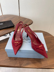 PRADA 26S SLINGBACK PUMPS 75MM IN BURGUNDY RED SUEDE WITH LOGO