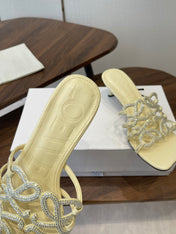 LOEWE 26S HIGH HEEL SANDALS IN LIGHT YELLOW CALFSKIN WITH CRYSTALS