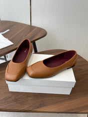 THE ROW 26S SQUARE TOE  BALLET FLATS IN CARAMEL BROWN CALFSKIN