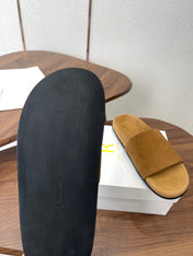 THE ROW 26S SLIDE SANDALS IN GOLD BROWN SUEDE