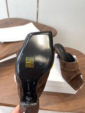 THE ROW 26S BUTTON DETAIL MULE HEELS 70MM IN BROWN SUEDE