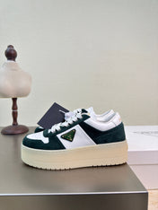 PRADA 26S DOWNTOWN THICK SOLE SNEAKERS IN WHITE CALFSKIN AND BLACK SUEDE