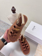 CELINE 25S BILLIE CHUNKY SANDAL IN BROWN CALFSKIN AND TEXTILE