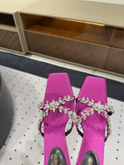 HIGH RHINESTONE CROSS STRAP MULES IN MAGENTA PINK SILK