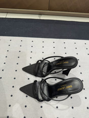 HIGH CRYSTAL STRAP SANDALS IN BLACK SILK