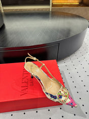 VLTN HIGH SLINGBACK 25S 80 MM IN WHITE MIX PINK FABRIC AND CALFSKIN