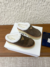 PRADA 25S PLATFORM FUR-LINED MULES IN EARTH BROWN SUEDE