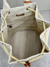 PRADA 25S DRAWSTRING BACKPACK 55 IN BEIGE CANVAS LINEN SILVER HARDWARE