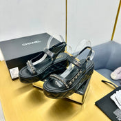 CC WEDGE SANDALS 25S IN BLACK CALFSKIN WITH GOLD HARDWARE