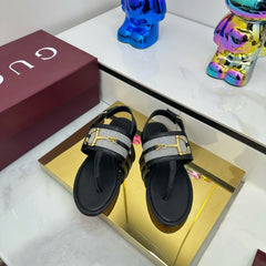 GG FLAT THONG SANDALS WITH ANKLE STRAP IN BLACK LAMBSKIN AND FABRIC
