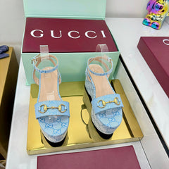 GG WEDGE HEELS IN BLUE FABRIC AND CALFSKIN WITH GOLD HARDWARE STYLE 4