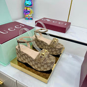 GG WEDGE HEELS IN DARK BEIGE FABRIC AND CALFSKIN WITH GOLD HARDWARE STYLE 3