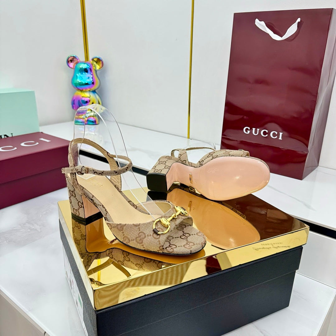 GG HEELED SANDALS 25S 65 MM IN DARK BEIGE CANVAS WITH GOLD HARDWARE