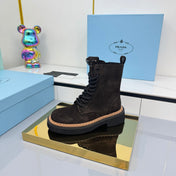 PRADA 25S LONG THICK SOLED MARTIN BOOTS 50MM IN DARK BROWN SUEDE