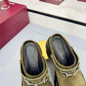 GG PLATFORM MULES 25S IN MOSS GREEN SUEDE