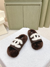 CHANEL 25S FUR SLIPPERS DOUBLE-LAYERED IN DARK BROWN WITH WHITE CC LOGO