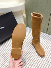 CHANEL 25S KNEE-HIGH BOOTS IN CARAMEL SUEDE GOLD HARDWARE