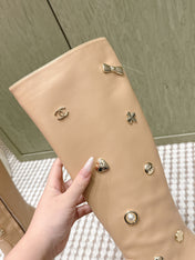 CHANEL 25S KNEE-HIGH BOOTS IN BEIGE CALFSKIN WITH RHINESTONES