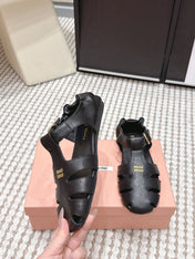 MIUMIU 26S RUCHES FISHERMAN SANDALS IN BLACK CALFSKIN GOLD HARDWARE