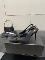 YSL 25S SLINGBACK HIGH HEELS 90 MM IN BLACK SATIN WITH GOLD HARDWARE STYLE 18
