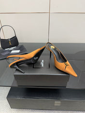 YSL 25S SLINGBACK HIGH HEELS 90 MM IN DARK ORANGE SATIN WITH GOLD HARDWARE STYLE 16