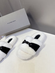 BALENCIAGA 25S SLIPPERS IN BLACK SUEDE AND WHITE WOOL