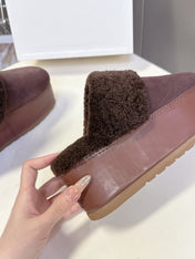 CELINE 26S WEDGE MULES IN PLUM BROWN SUEDE AND WOOL