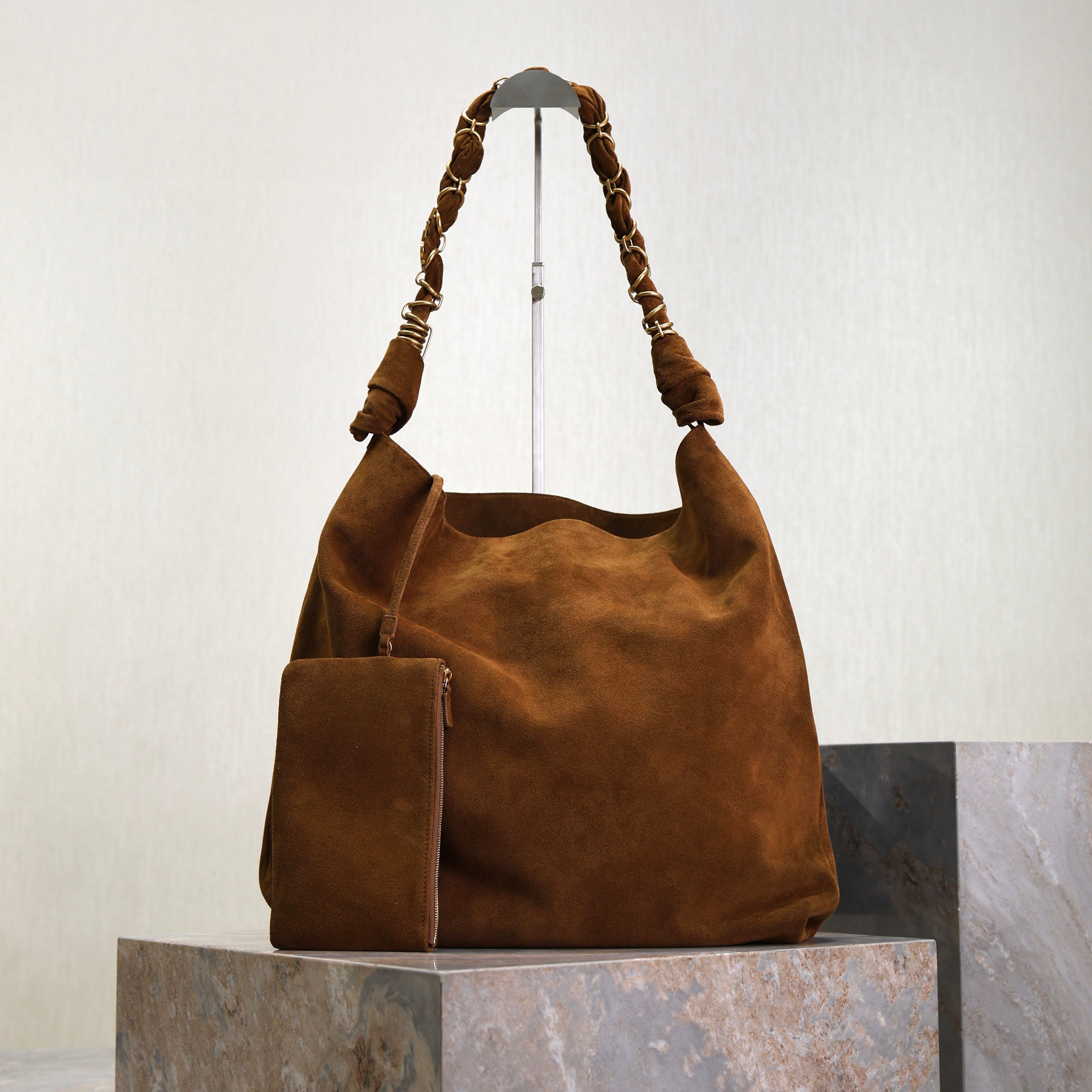 YSL 25S AMALIA 50 IN DARK CARAMEL SUEDE GOLD HARDWARE