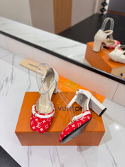 HIGH SANDALS 8 CM IN CHERRY RED MONOGRAM DENIM AND WHITE CALFSKIN